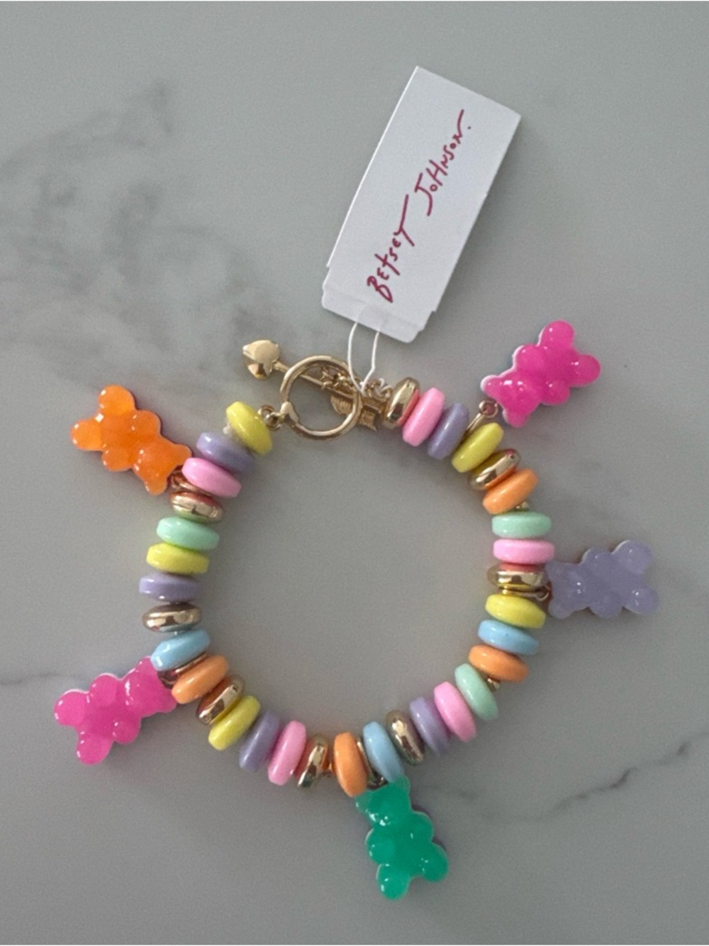 Betsey Johnson Gold Tone & Multi Color Beaded Bracelet Gummy Bear Charms NWT
